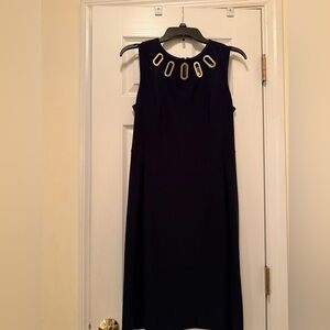 Joseph RibKoff Navy Sheath Dress Sleeveless with Gold Cut Out Accents.